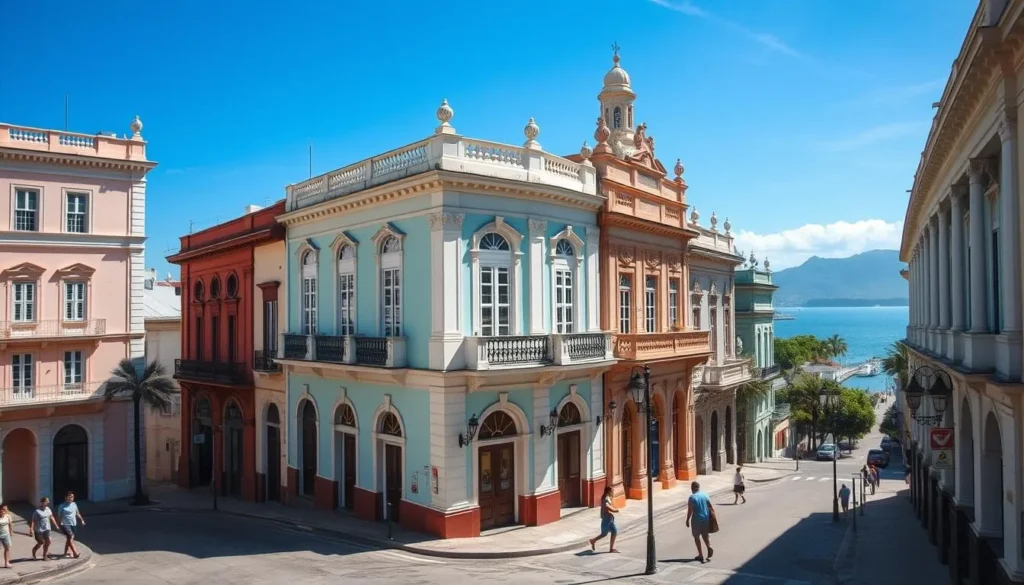 View of Cienfuegos cityscape with colonial buildings and the bay in background View of Cienfuegos cityscape with colonial buildings and the bay in background