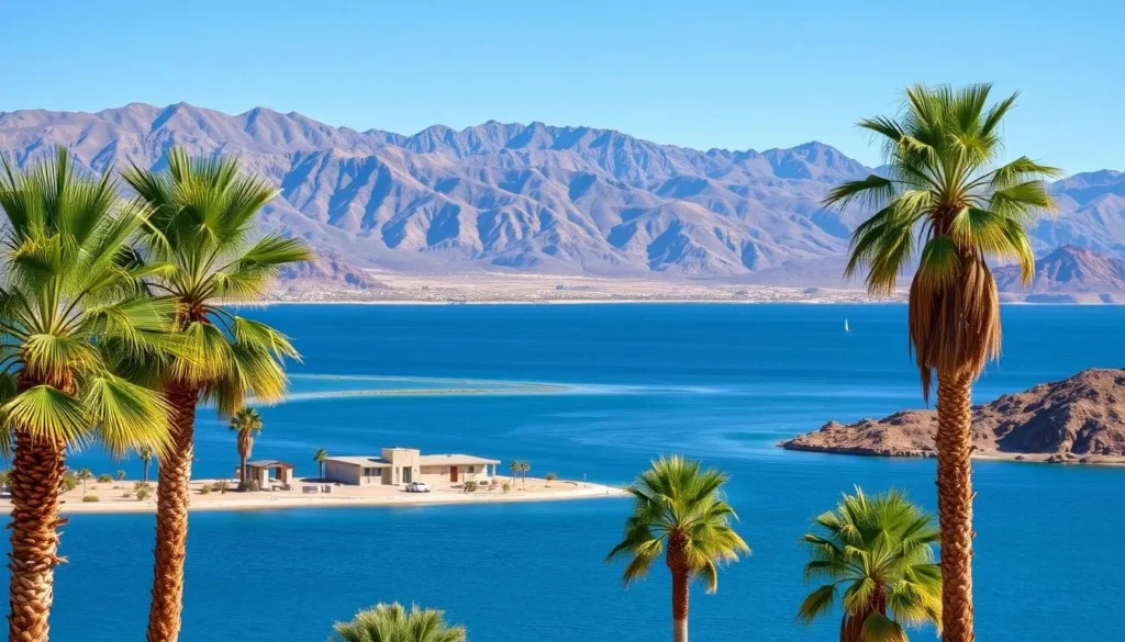 View of Lake Havasu from nearby accommodation with mountains in background