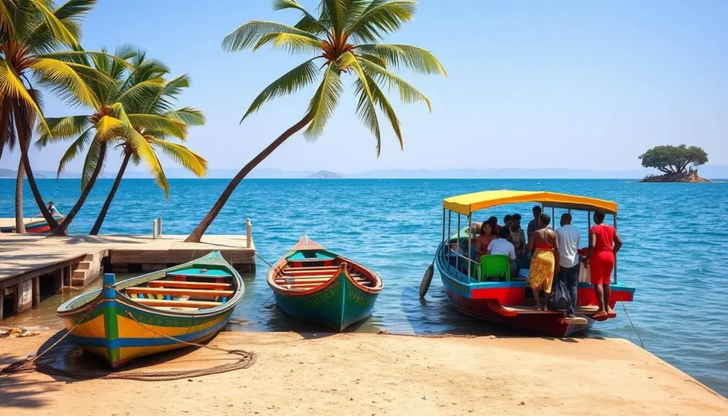 View of Lake Tana shoreline in Bahir Dar with boats waiting to take tourists to Daga Island