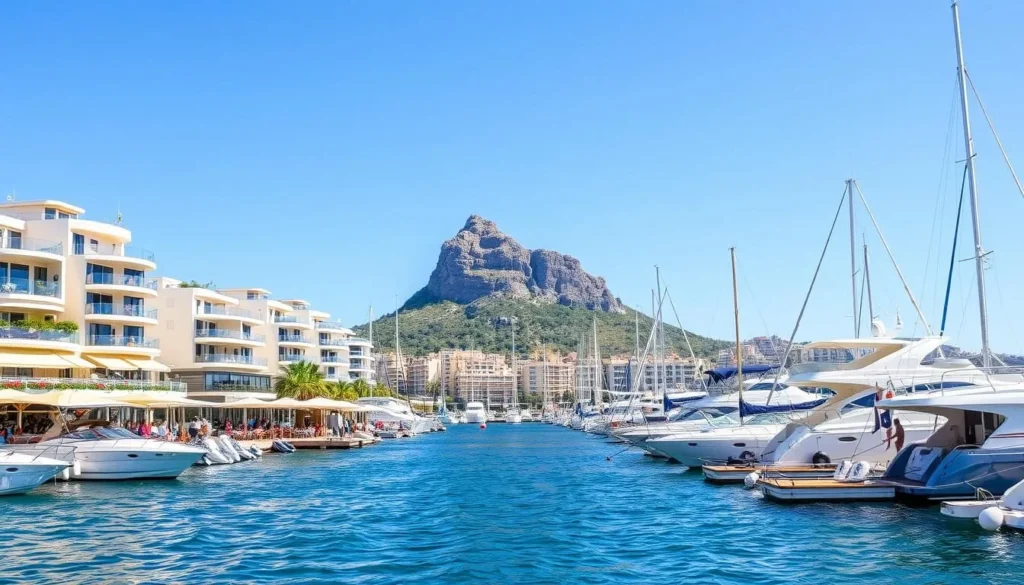 View of Ocean Village Marina in Gibraltar with luxury apartments and boats View of Ocean Village Marina in Gibraltar with luxury apartments and boats