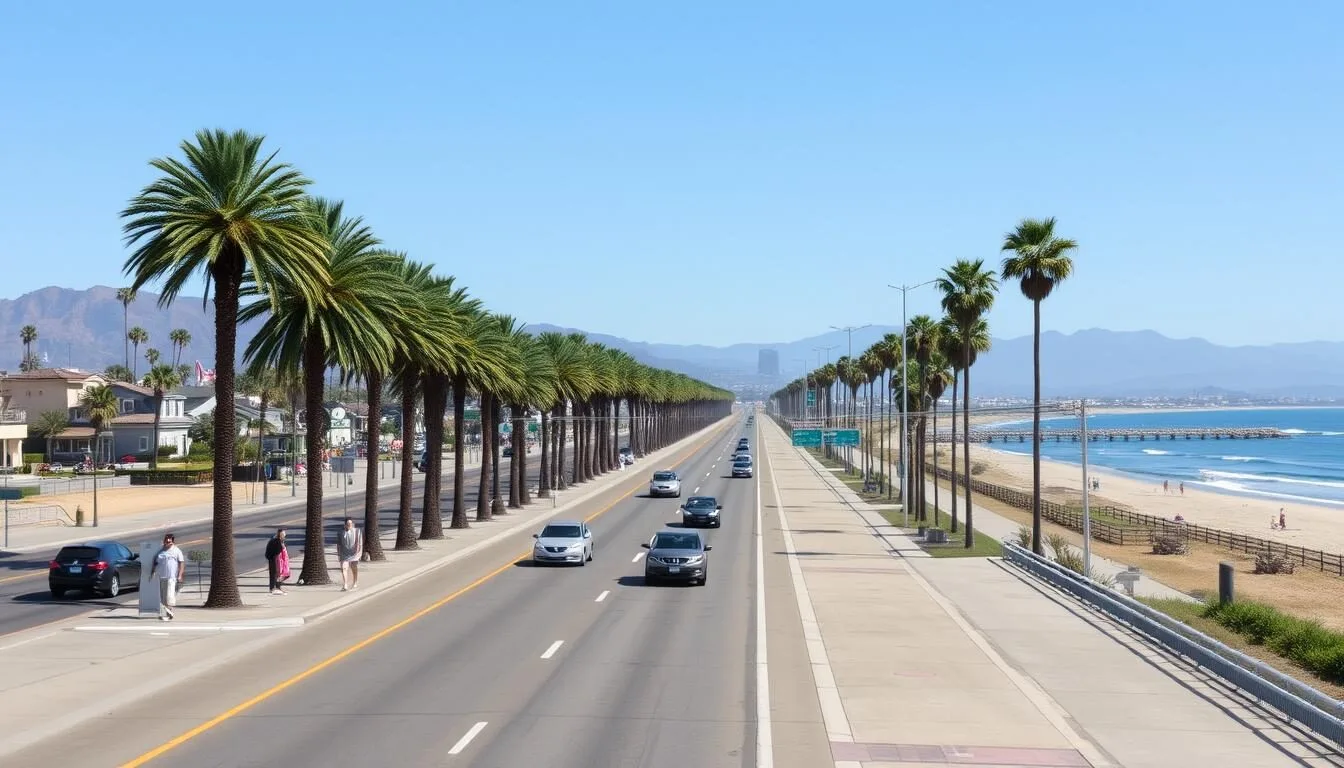 View-of-Pacific-Coast-Highway-with-Huntington-State-Beach-visible-to-one-side-and-palm-trees View of Pacific Coast Highway with Huntington State Beach visible to one side and palm trees lining the road