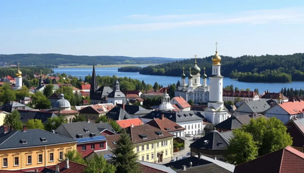 View of Pereslavl-Zalessky town near Lake Plescheevo with traditional Russian architecture