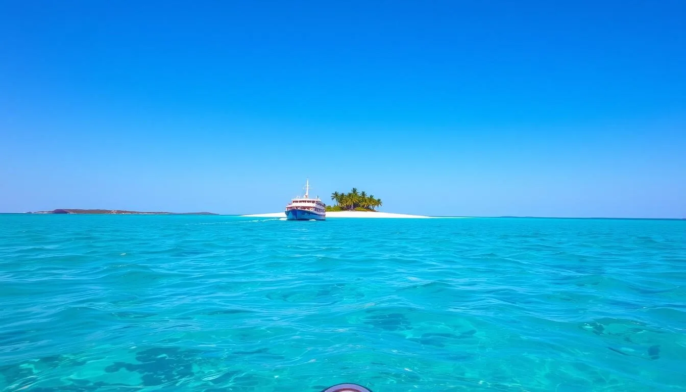 View of Pinel Island from the approaching ferry boat showing turquoise waters and the sandy beach