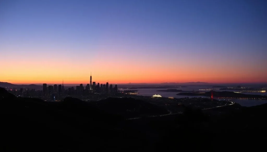 View of San Francisco skyline from near Candlestick Point State Recreation Area California at sunset
