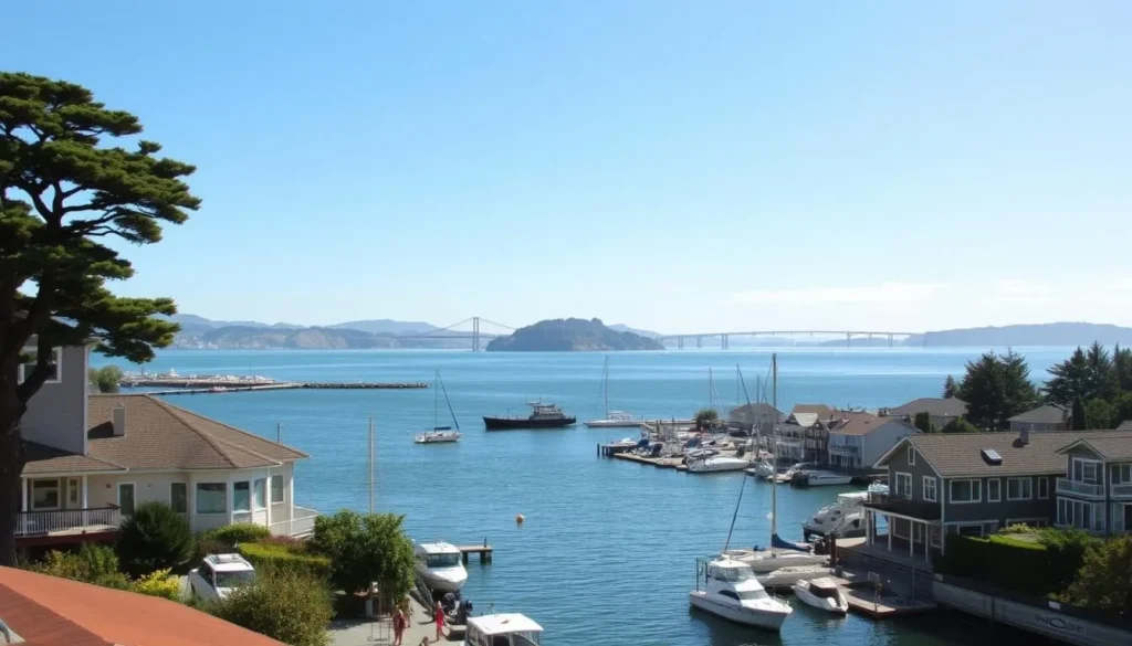 View of Tiburon waterfront hotels with Angel Island in the background