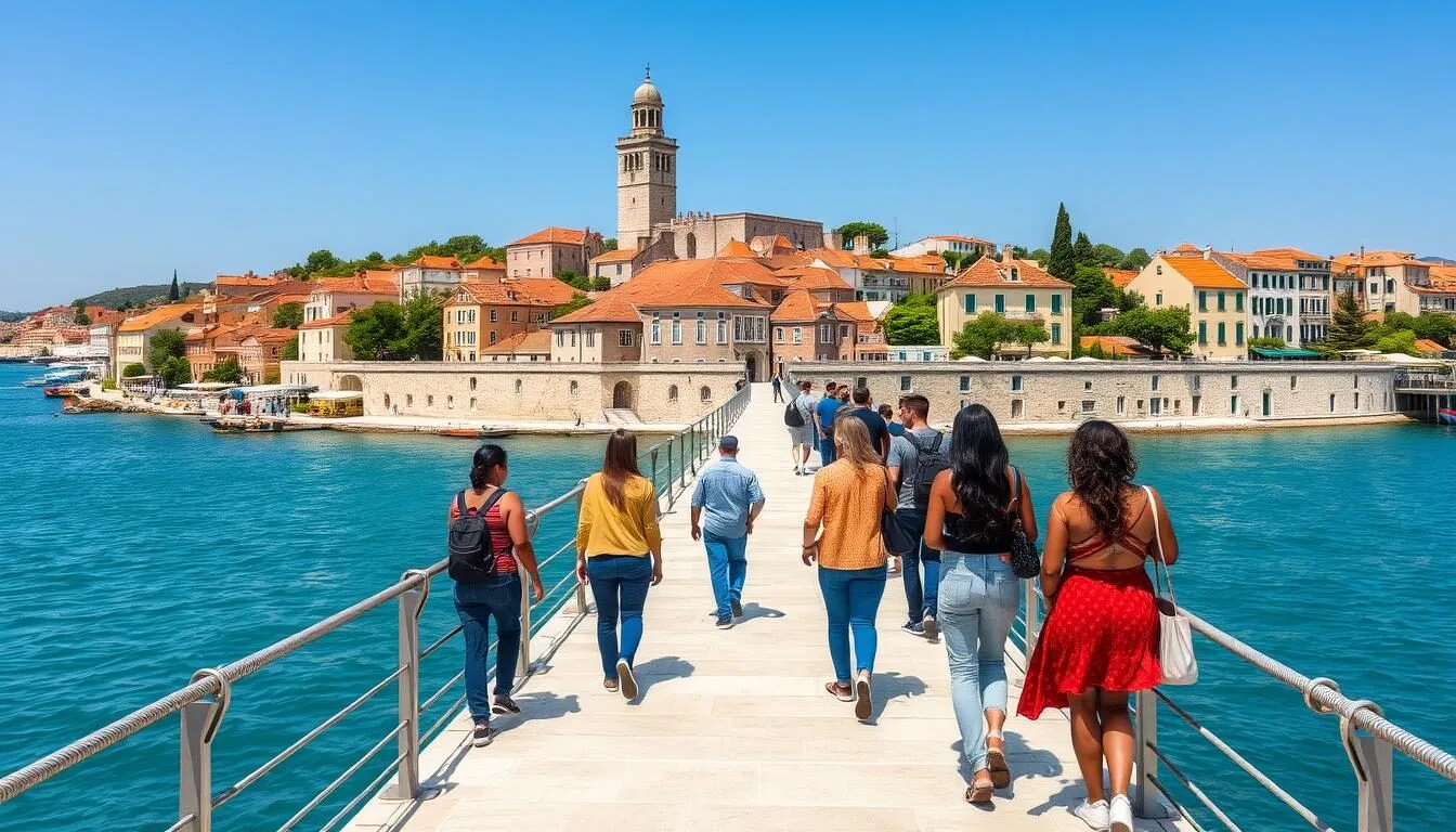 View of Trogir Old Town from the mainland showing the bridge connecting to the historic island city