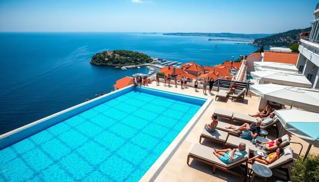 View of a luxury hotel in Dubrovnik with a swimming pool overlooking the Adriatic Sea