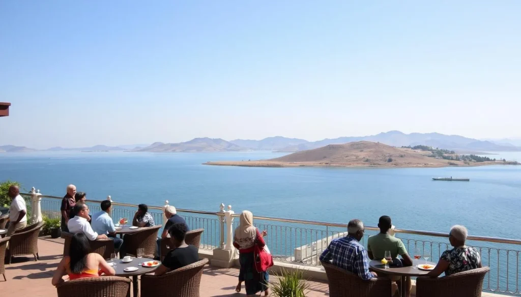 View of lakeside accommodations in Bahir Dar with Lake Tana and distant Zegie Peninsula