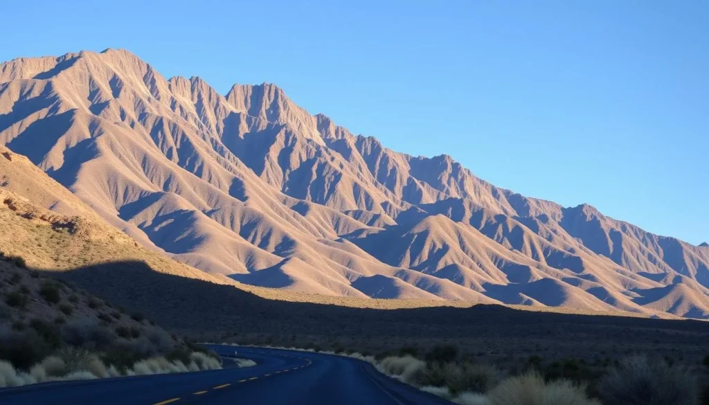 View of the Black Mountains Arizona landscape showing the mountain range with a winding road in the foreground View of the Black Mountains Arizona landscape showing the mountain range with a winding road in the foreground