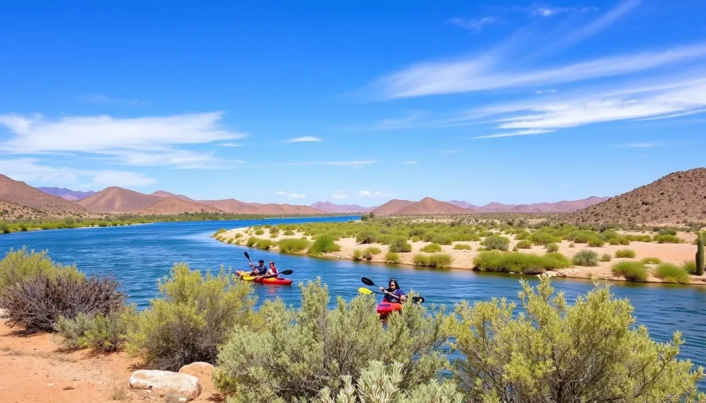 View of the Colorado River from Colorado River State Historic Park with people enjoying kayaking