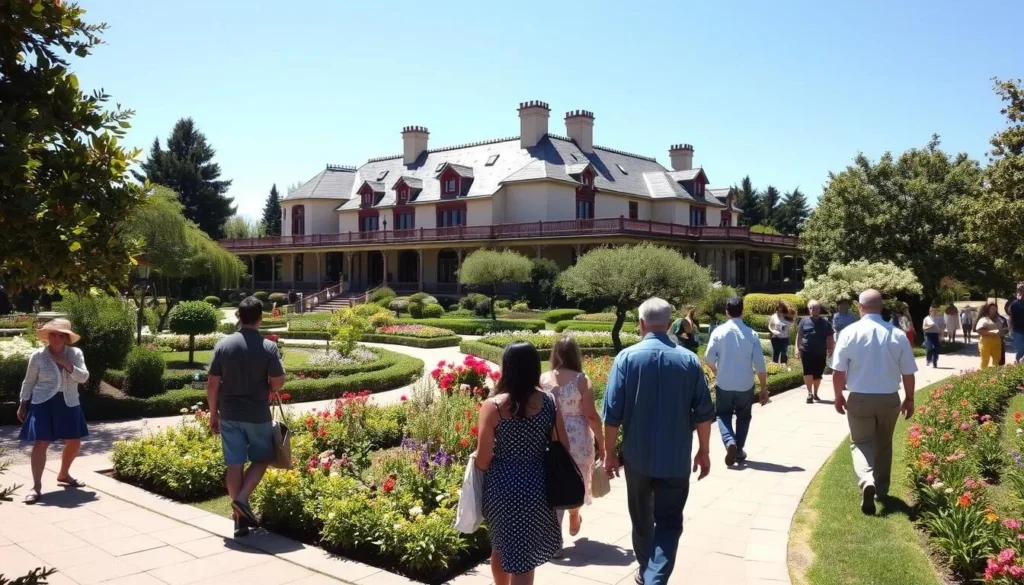 View of the Leland Stanford Mansion's beautiful gardens with diverse visitors walking along the pathways View of the Leland Stanford Mansion's beautiful gardens with diverse visitors walking along the pathways