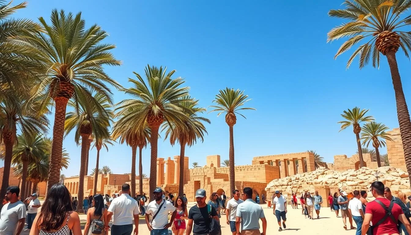 View of the Memphis Egypt archaeological site with palm trees and ancient ruins on a sunny day