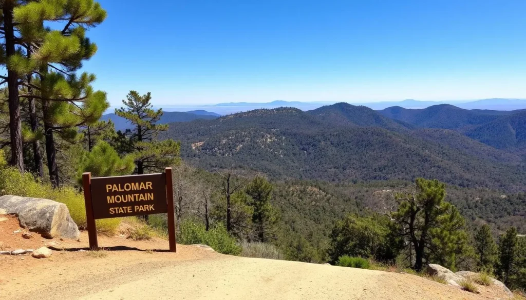 View of the entrance to Palomar Mountain State Park showing the natural landscape and surrounding mountains