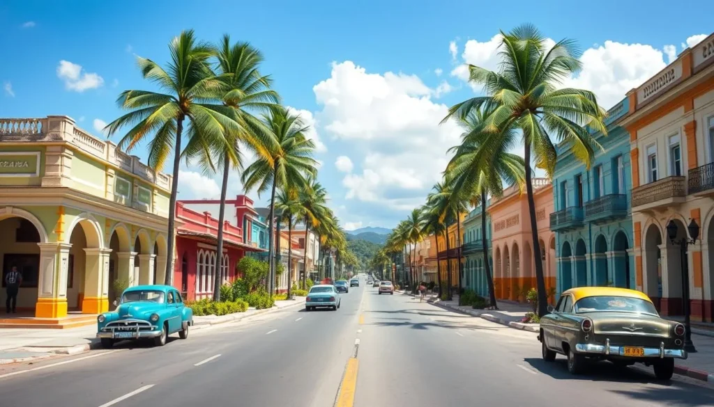 View of the main road leading into San Antonio de los Banos with traditional Cuban architecture View of the main road leading into San Antonio de los Banos with traditional Cuban architecture