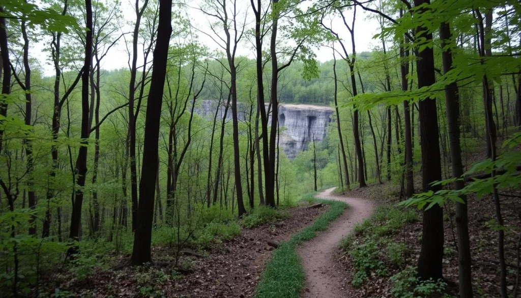 View of the northern trail system at Mississippi Palisades Nature Preserve showing forest paths and limestone outcroppings