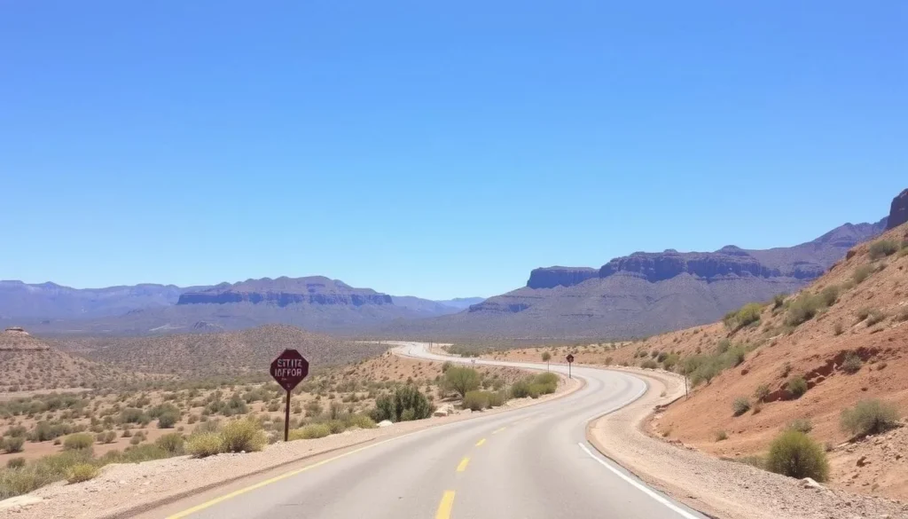 View of the winding road leading to Jerome State Historic Park with desert landscape