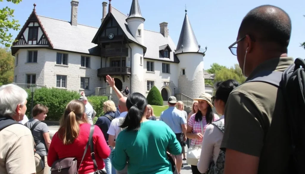 Vikingsholm Castle tour with visitors learning about the history connected to Fannette Island Vikingsholm Castle tour with visitors learning about the history connected to Fannette Island