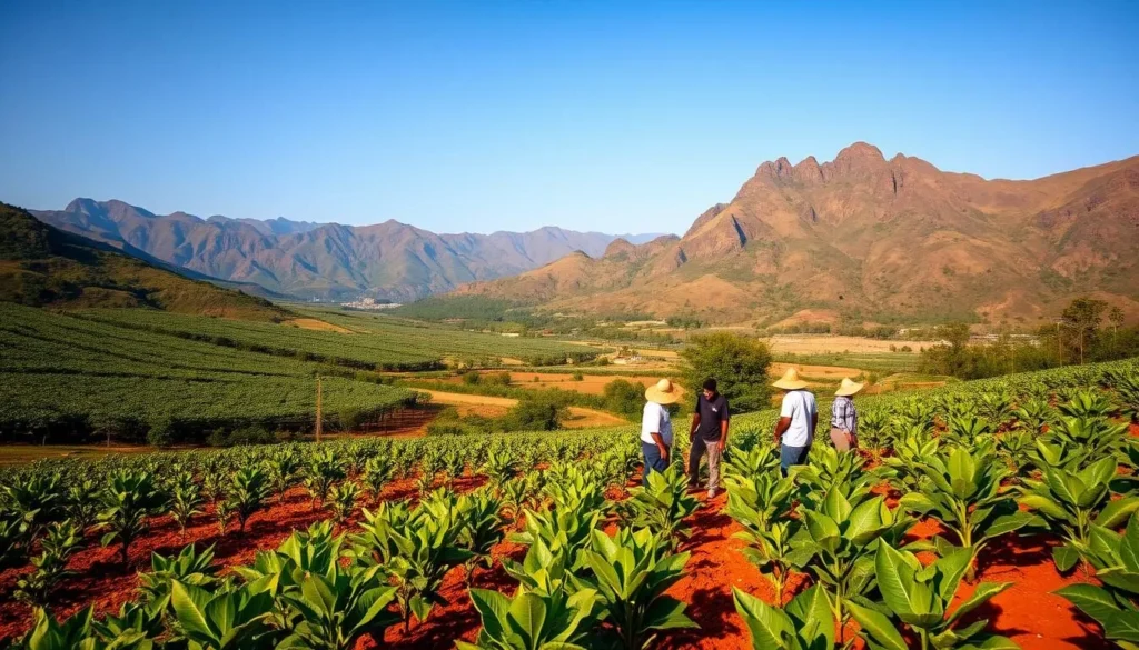 Viñales Valley during the dry season showing clear blue skies over the mogotes and tobacco fields with farmers working