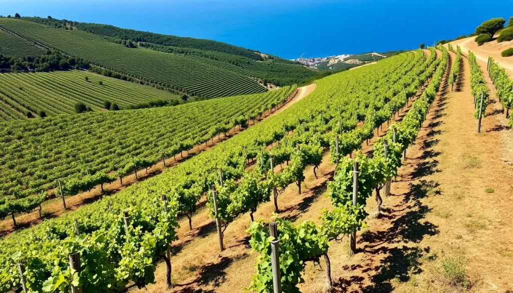 Vineyards on the slopes of Peljesac Peninsula Croatia with Adriatic Sea in background Vineyards on the slopes of Peljesac Peninsula Croatia with Adriatic Sea in background
