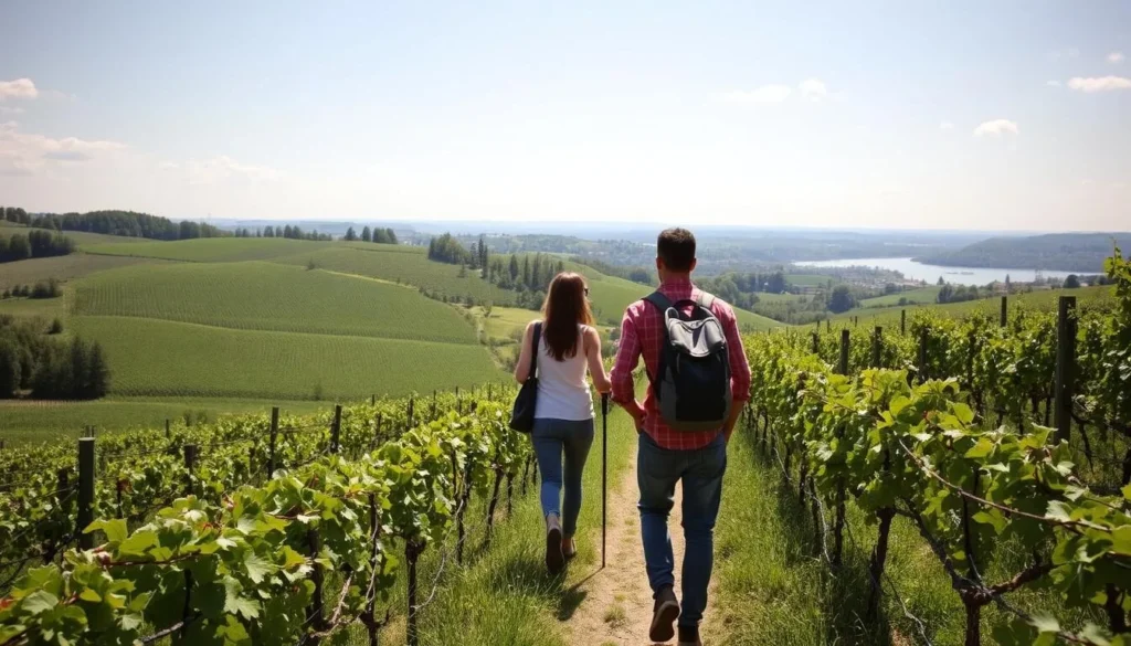 Vineyards surrounding Mainz with hikers enjoying the landscape