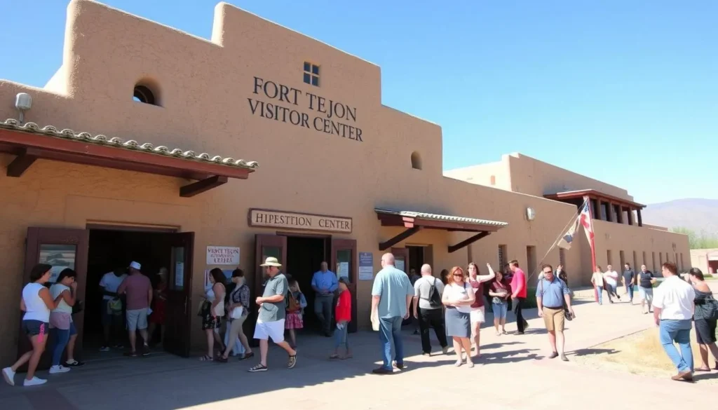 Visitor center at Fort Tejon State Historic Park with people getting information Visitor center at Fort Tejon State Historic Park with people getting information