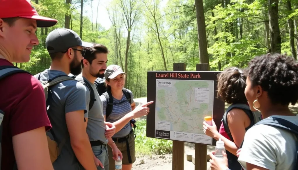 Visitor checking a trail map at Laurel Hill State Park trailhead Visitor checking a trail map at Laurel Hill State Park trailhead