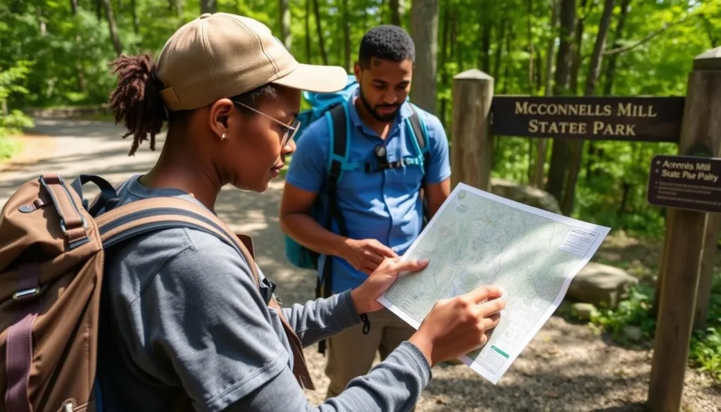 Visitor checking a trail map at McConnells Mill State Park entrance with backpack and proper hiking gear Visitor checking a trail map at McConnells Mill State Park entrance with backpack and proper hiking gear