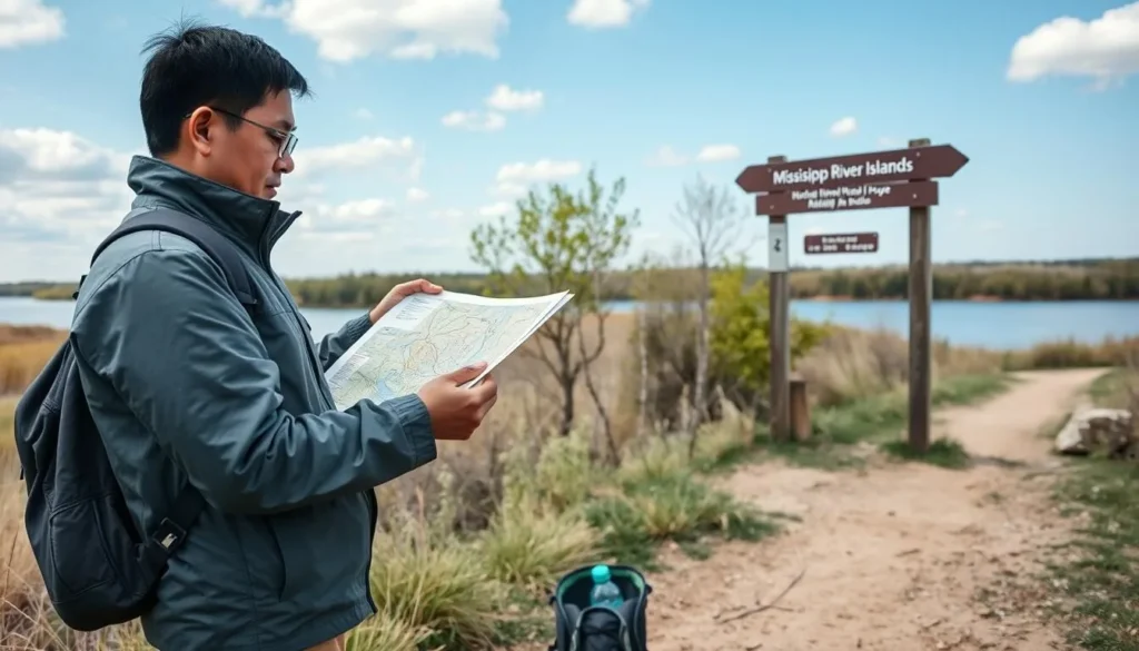Visitor checking a trail map at Mississippi River Islands National Wildlife Refuge Visitor checking a trail map at Mississippi River Islands National Wildlife Refuge