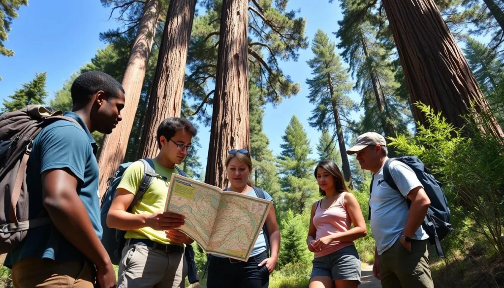 Visitor checking a trail map at Samuel P. Taylor State Park with redwoods in background Visitor checking a trail map at Samuel P. Taylor State Park with redwoods in background