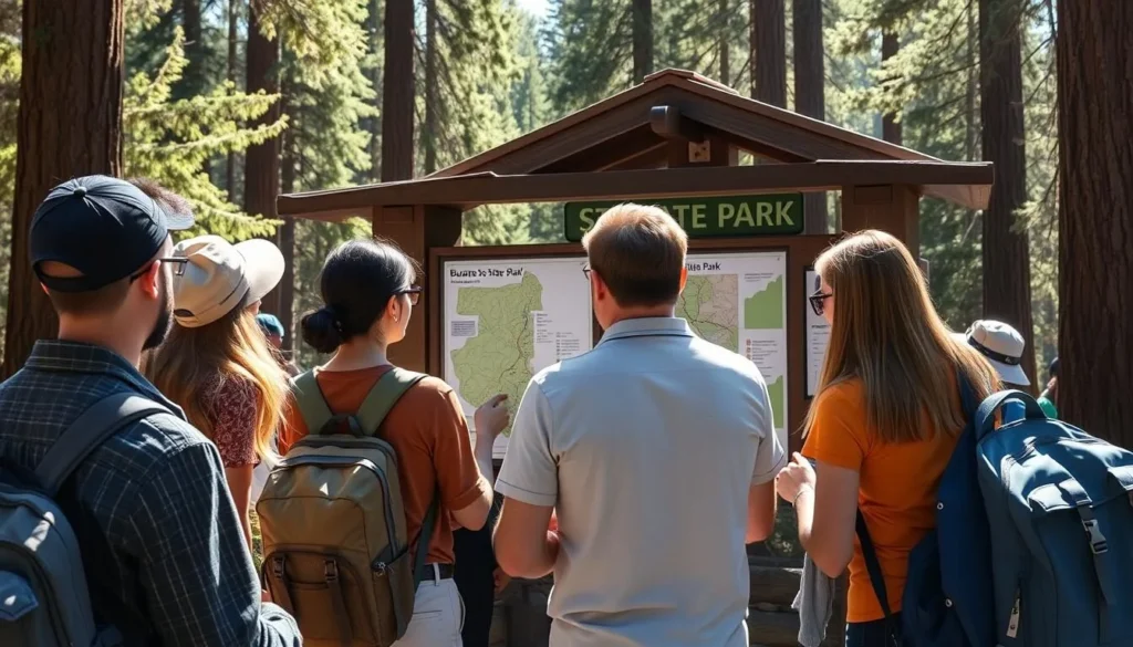 Visitor checking trail map at Butano State Park entrance