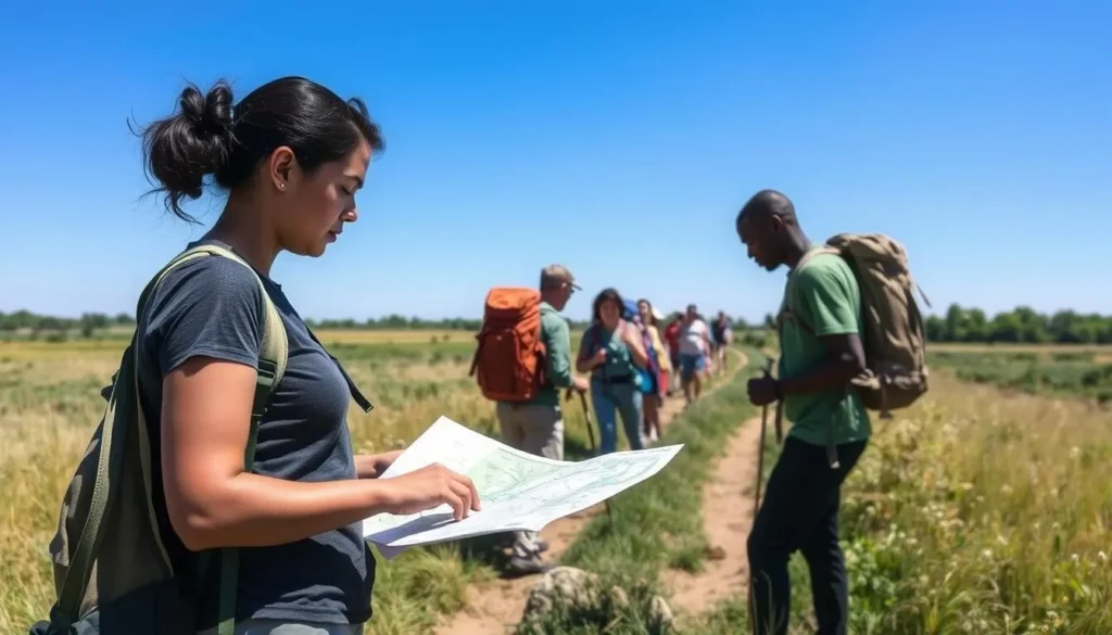 Visitor checking trail map at James Pate Philip State Park with diverse hikers in background Visitor checking trail map at James Pate Philip State Park with diverse hikers in background