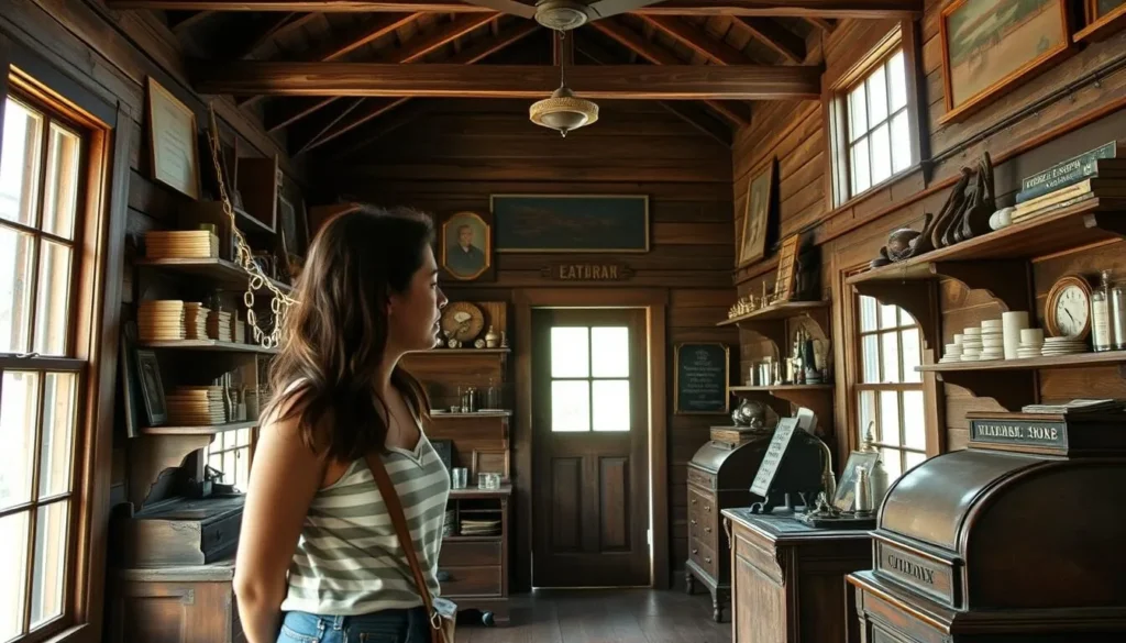 Visitor exploring the store at Oakland Plantation with historic merchandise displays