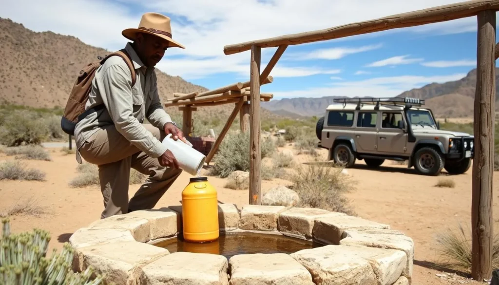Visitor filling water containers at Tule Well in Cabeza Prieta National Wildlife Refuge
