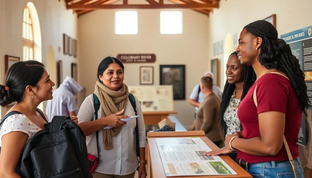 Visitor information area at Colorado River State Historic Park with helpful staff assisting tourists