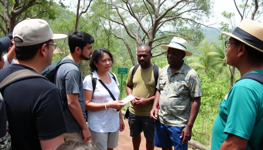 Visitor interacting respectfully with local guide in Pico Cristal National Park Cuba Visitor interacting respectfully with local guide in Pico Cristal National Park Cuba