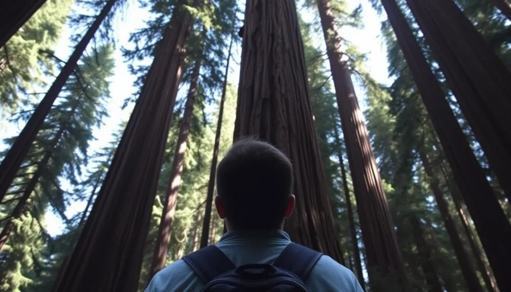 Visitor looking up at towering redwoods in Jedediah Smith Redwoods State Park Visitor looking up at towering redwoods in Jedediah Smith Redwoods State Park