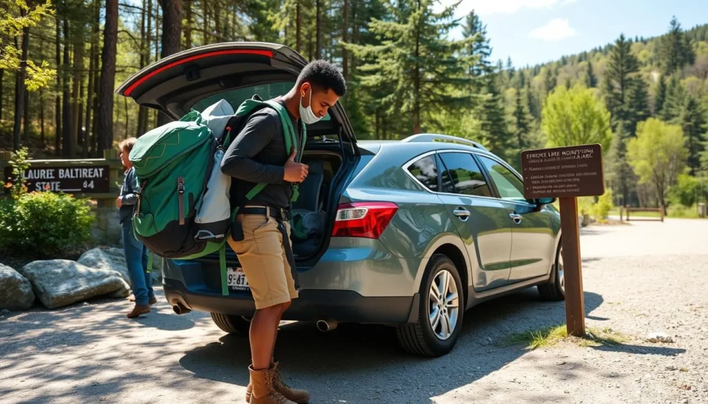 Visitor preparing for a hike at Laurel Mountain State Park Pennsylvania Visitor preparing for a hike at Laurel Mountain State Park Pennsylvania