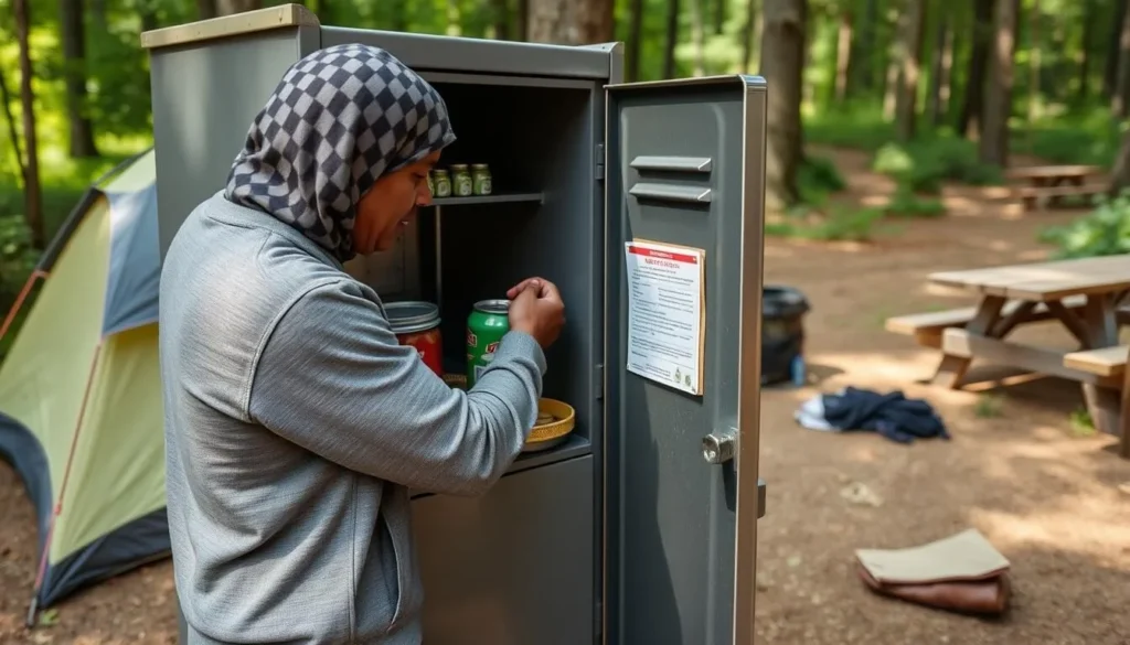 Visitor properly storing food in a bear-proof locker at a Caswell Memorial State Park campsite Visitor properly storing food in a bear-proof locker at a Caswell Memorial State Park campsite