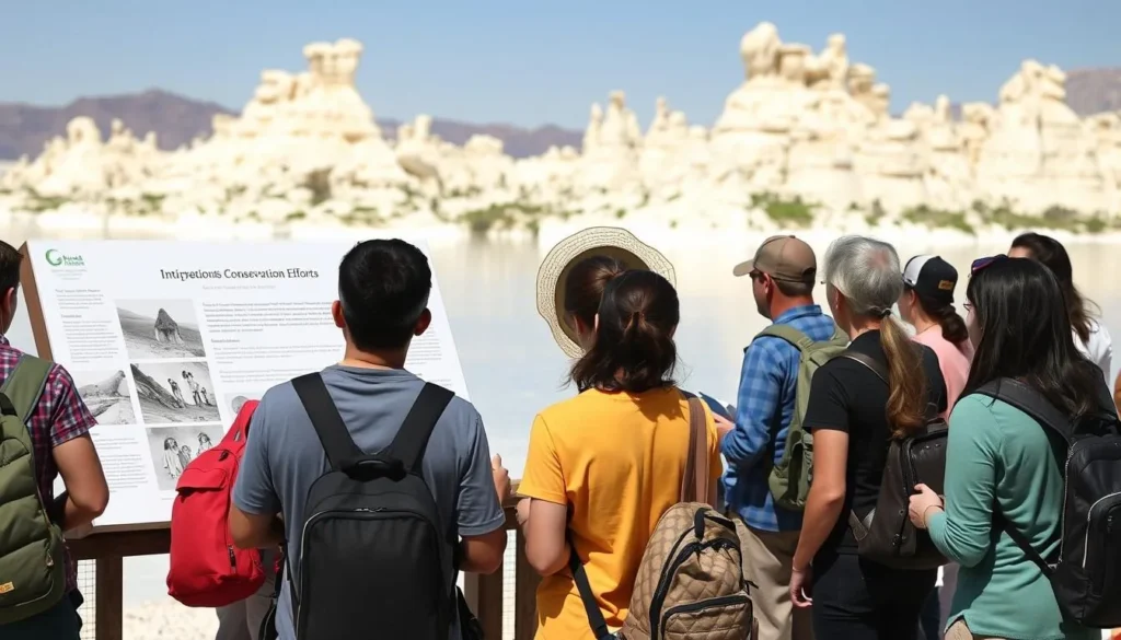 Visitor reading interpretive sign about conservation efforts at Mono Lake Visitor reading interpretive sign about conservation efforts at Mono Lake