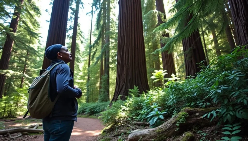 Visitor respectfully observing redwood trees in John B. Dewitt Redwoods State Natural Reserve Visitor respectfully observing redwood trees in John B. Dewitt Redwoods State Natural Reserve