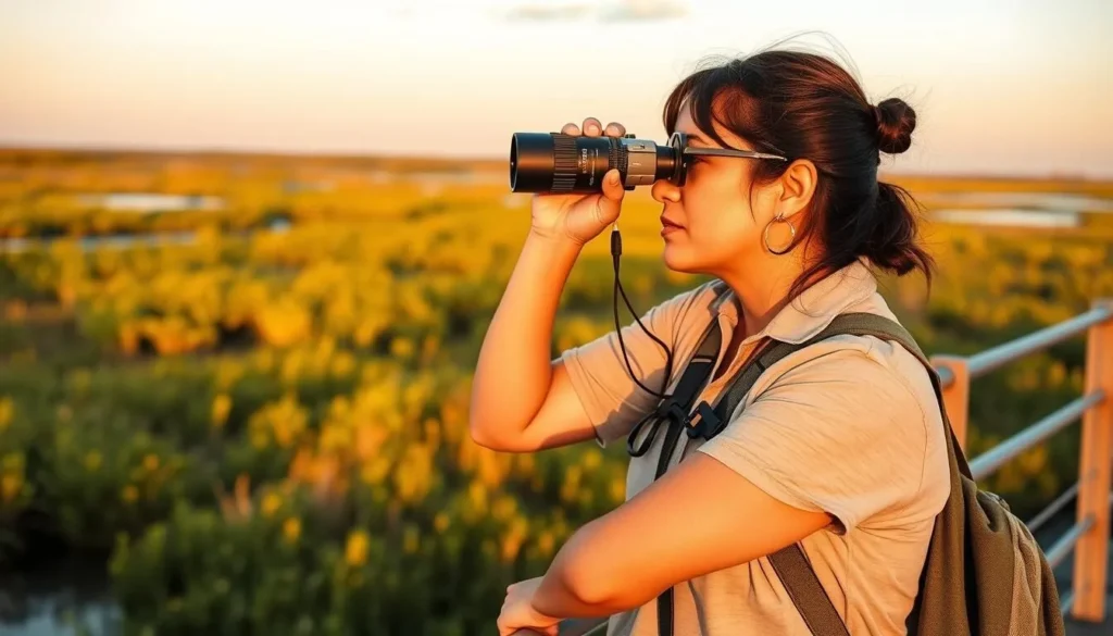 Visitor using binoculars at Cameron Prairie Wetlands Louisiana during golden hour