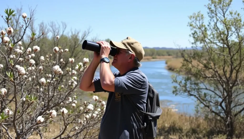 Visitor using binoculars to observe birds at Bill Williams River National Wildlife Refuge
