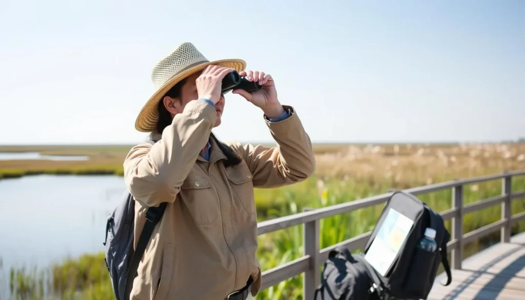 Visitor using binoculars to observe birds at Cameron Prairie National Wildlife Refuge