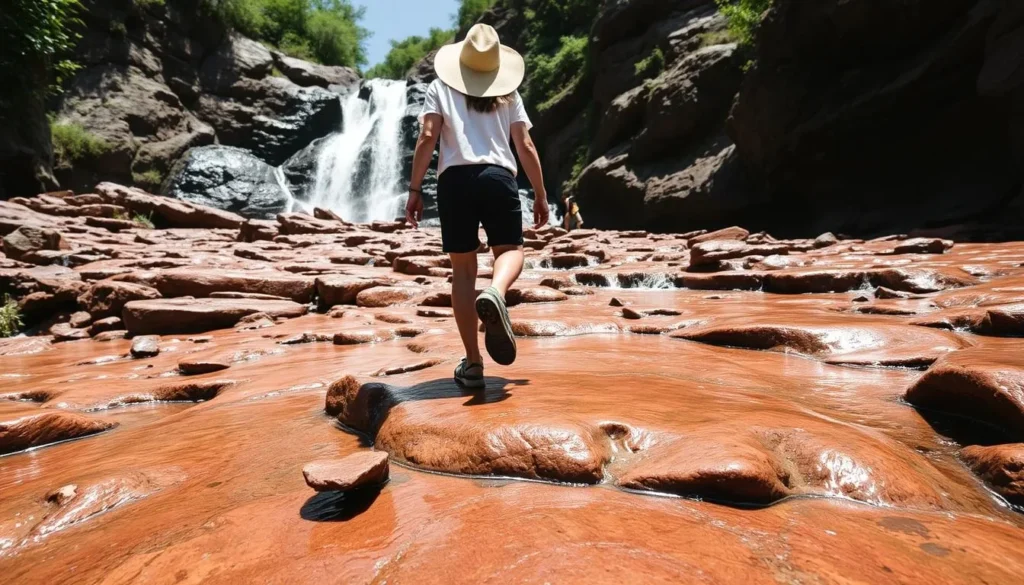 Visitor wearing appropriate footwear navigating the slippery rocks at Orinduik Falls Guyana