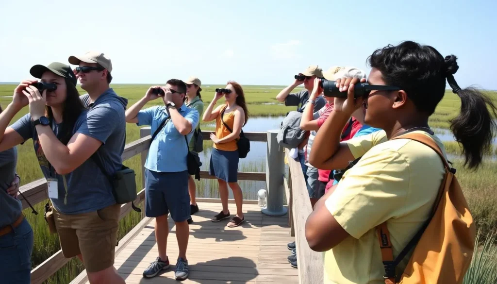 Visitor with binoculars observing wildlife at Cameron Prairie Wetlands Louisiana