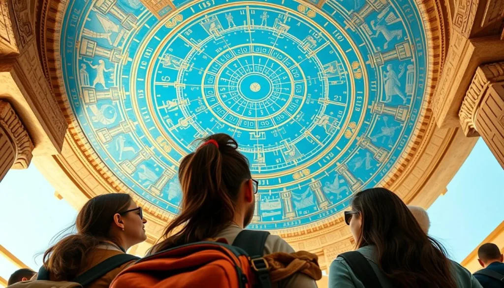 Visitors admiring the famous astronomical ceiling in the Temple of Hathor at Dendera Visitors admiring the famous astronomical ceiling in the Temple of Hathor at Dendera