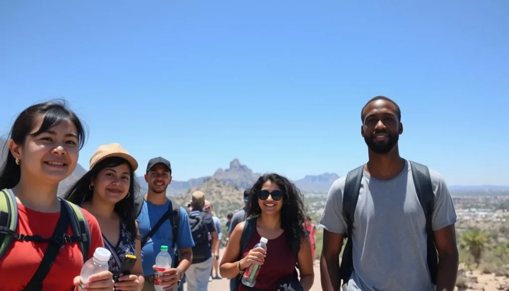 Visitors arriving at Camelback Mountain trailhead with Phoenix skyline in background