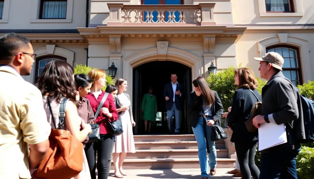 Visitors arriving at the Leland Stanford Mansion entrance with a tour guide welcoming them Visitors arriving at the Leland Stanford Mansion entrance with a tour guide welcoming them