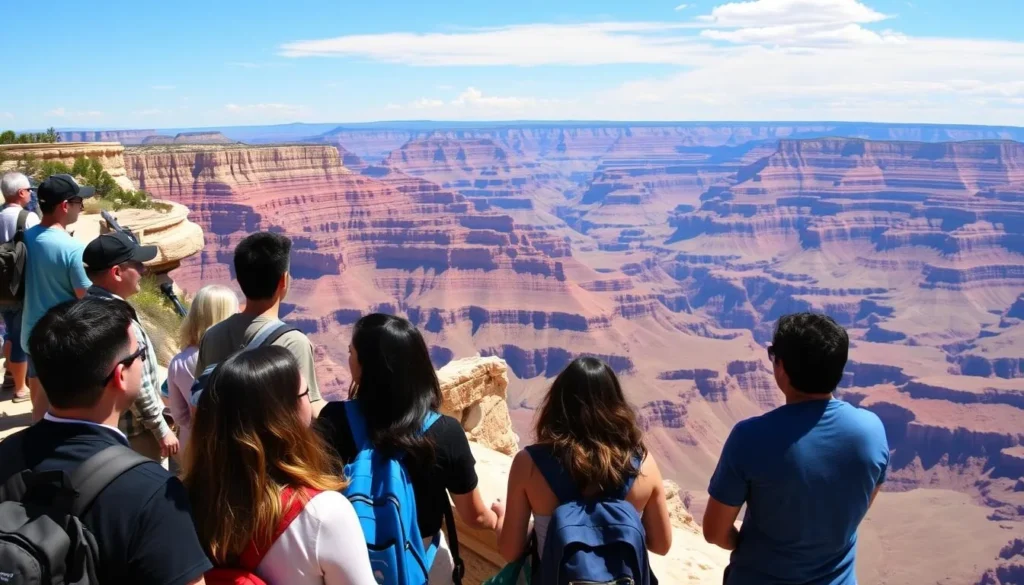 Visitors at Point Imperial viewpoint on the Kaibab Plateau with expansive views of the Grand Canyon Visitors at Point Imperial viewpoint on the Kaibab Plateau with expansive views of the Grand Canyon