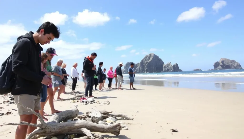 Visitors beachcombing at Pelican State Beach California finding interesting driftwood